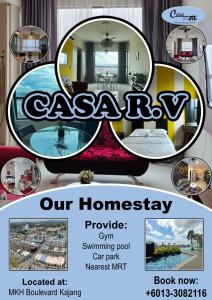 加影Casa RV Homestay MKH Boulevard Kajang的一张传单,传给我们家常菜,并附有一张房间的照片