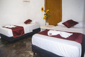 比利亚维哈Hostel Tatacoa的两张位于带向日葵花瓶的房间的床铺