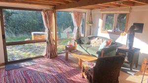 塔卡卡Alpacas Off Grid - Eco Cabin的带沙发和壁炉的客厅