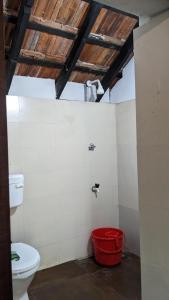 瓦亚纳德Crossroads Hostel 1957的一间带卫生间和红色桶的浴室
