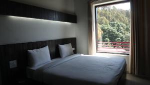 博瓦利Just Naturals Wellness Resort Nainital的一间卧室设有一张大床和大窗户