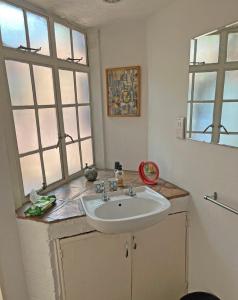 哈拉雷Weaver Cottages的一间带白色水槽的浴室和两个窗户