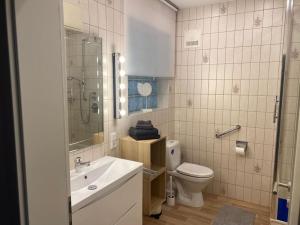 NeunkirchenFerienwohnung Seebrise Bostalsee的浴室配有卫生间、盥洗盆和淋浴。