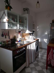 柏林Private room in the centre of Berlin的厨房配有水槽和洗衣机