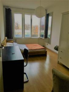 柏林Private room in the centre of Berlin的客房设有书桌和带窗户的床。