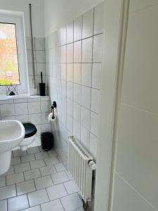 PlaueFerienwohnung am Tor zum Thüringer Wald 2的白色的浴室设有卫生间和水槽。