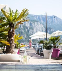 杜博瓦乡La Vella Arena Resort & Spa的沙滩上一张桌子,上面放着酒杯和棕榈树