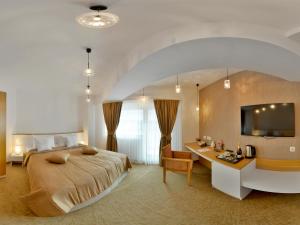 图尔恰Hotel Condor Tulcea的一间卧室配有一张床、一张书桌和一台电视