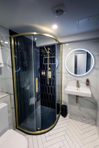 都柏林渡船夫酒店的带淋浴、盥洗盆和镜子的浴室