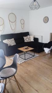 克罗奇琴科Apartament w Pieninach的客厅配有黑色沙发和桌子