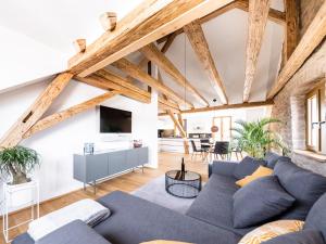 蒂芬巴赫Alte Schule Tiefenbach的客厅设有木制天花板和蓝色沙发。