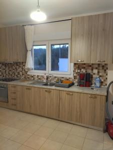 佩科霍里Rahoni amazing view的厨房配有木制橱柜、水槽和窗户。