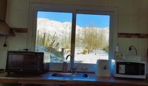卢汉德库约Starry Lodge的带微波炉的厨房台面和窗户