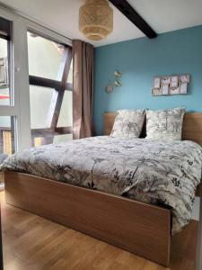 巴尔L'Appart avec terrasse - centre historique的卧室内的一张床铺,卧室内有蓝色的墙壁