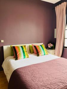 布鲁塞尔安睡公寓酒店的一间卧室配有一张带色彩缤纷枕头的大床