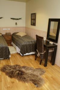 布雷达尔雅克埃伊伽洛奇垂钓小屋酒店的一间卧室配有一张床、一张书桌和一面镜子