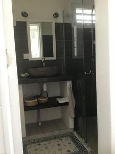 OpoaPkbleucoco的带淋浴、盥洗盆和镜子的浴室
