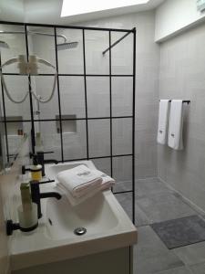 Sremska KamenicaNica Wood的浴室配有盥洗盆、淋浴和毛巾