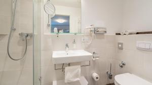 鲁波尔丁Hotel Steffl Garni的带淋浴、盥洗盆和卫生间的浴室