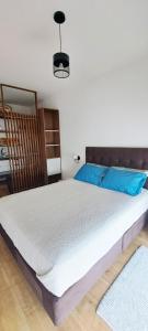 利马VK Loft - Apartamento en Miraflores的一间卧室配有一张带蓝色枕头的大床