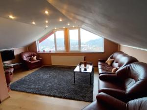 CetateniiCasa La Munte - Zona Rucar的客厅配有皮革家具和大窗户