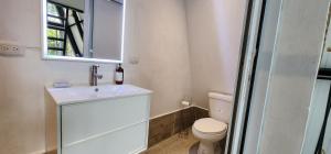 San Lucas TolimánPink house的一间带卫生间、水槽和镜子的浴室