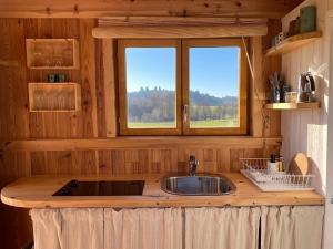 Roulotte 360° Nature的厨房设有水槽和窗户。