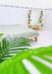 归仁Suri's Homestay的一间卧室配有床、椅子和植物