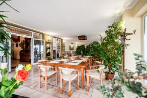 普列维扎Hotel Squash Centrum的用餐室配有桌椅和植物