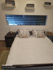萨格勒布Gasperius apartments的卧室配有带枕头的白色床和窗户。