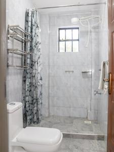 奈瓦沙Weber Generations Accommodation的带淋浴和卫生间的白色浴室