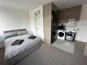 亨顿Spectacular Modern, Brand-New, 1 Bed Flat, 15 Mins Away From Central London的一间卧室配有一张大床和一台洗衣机