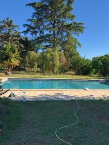 Bougé-ChambaludGîte cocooning avec piscine的一座游泳池,上面有水管,躺在草地上