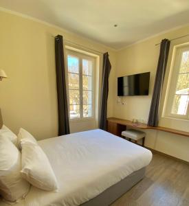 科蒂尼亚克Hôtel La Falaise的一间卧室设有一张床、一台电视和窗户。
