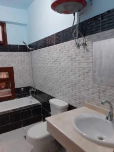 卢克索Nile Roof Hotel& Restaurant的浴室配有盥洗盆、卫生间和浴缸。
