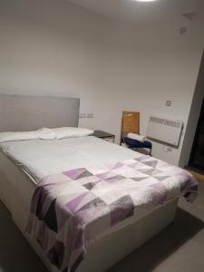 伦敦Jadwin Beautiful Room Share toilet 2 people的一间卧室配有一张带紫色和白色棉被的床