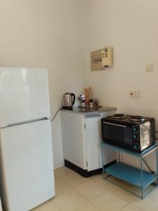 卡萨内Plateau Home的厨房配有白色冰箱和微波炉