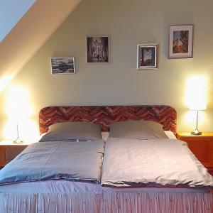 梅森Domblick的卧室内的一张带两个枕头的床