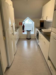 布罗斯Mini-Hotel Borås Regementet的厨房配有白色冰箱和水槽