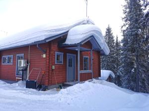 索特Kärpänpesä B的一个小红色小屋,上面有雪