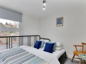 克兰布鲁克Pass the Keys Cosy Cottage Hawkhurst的一间卧室配有一张带蓝色枕头的床和一扇窗户。