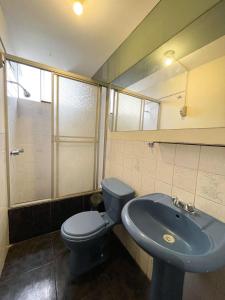 阿雷基帕Furnished Aparments Arequipa的浴室设有蓝色的卫生间和水槽。