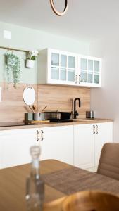 巴伊纳巴什塔Tarvil Apartmani - Zaovine的厨房配有白色橱柜和桌子