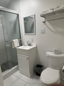 PetawawaTime Travellers Motel的白色的浴室设有卫生间和淋浴。