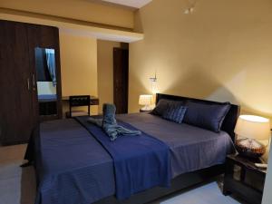 MoiraSD D'Souza Heritage Moira Flats with Reserved Parking的一间卧室配有一张带蓝色毯子的大床