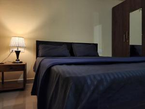 MoiraSD D'Souza Heritage Moira Flats with Reserved Parking的一间卧室配有一张带蓝色毯子和灯的床。