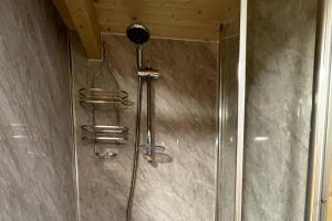 多切斯特The Bee Hive Garden Room的淋浴设有玻璃门和淋浴头