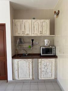 福尔摩沙Luminoso departamento en Planta Alta的厨房配有白色橱柜和台面上的微波炉