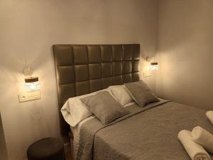 莱昂Apartamento Roma 8的一间卧室配有一张带大垫子床头板的床