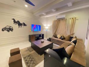 拉瓦尔品第De-Meridian Luxury Apartments的带沙发和电视的客厅